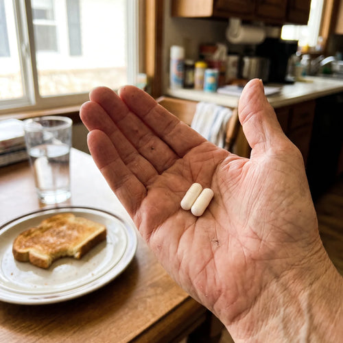 Two white capsules in a palm