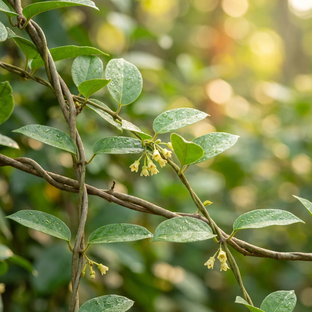 Gymnema sylvestre vine with leaves and small yellow flowers