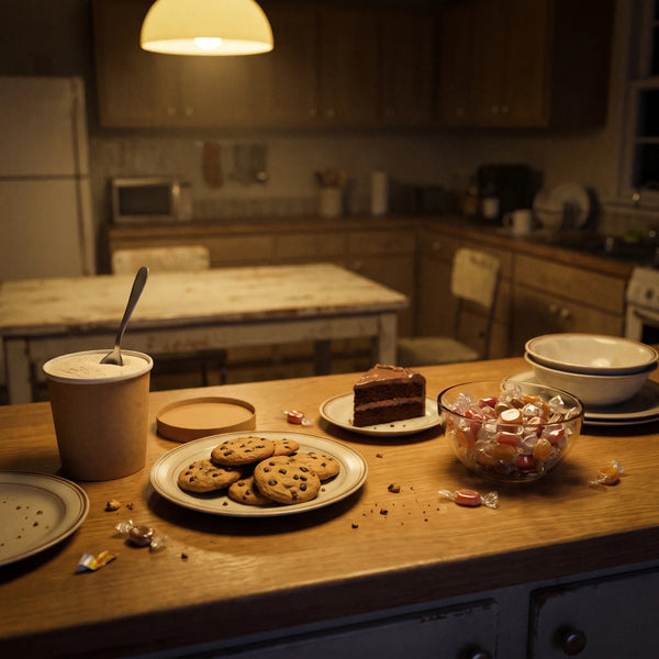 Sweets on a kitchen counter at night