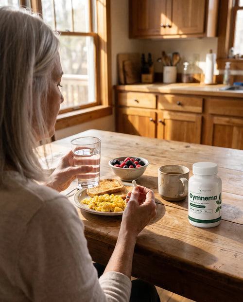 Woman taking a capsule with breakfast, Mulvera bottle beside her coffee