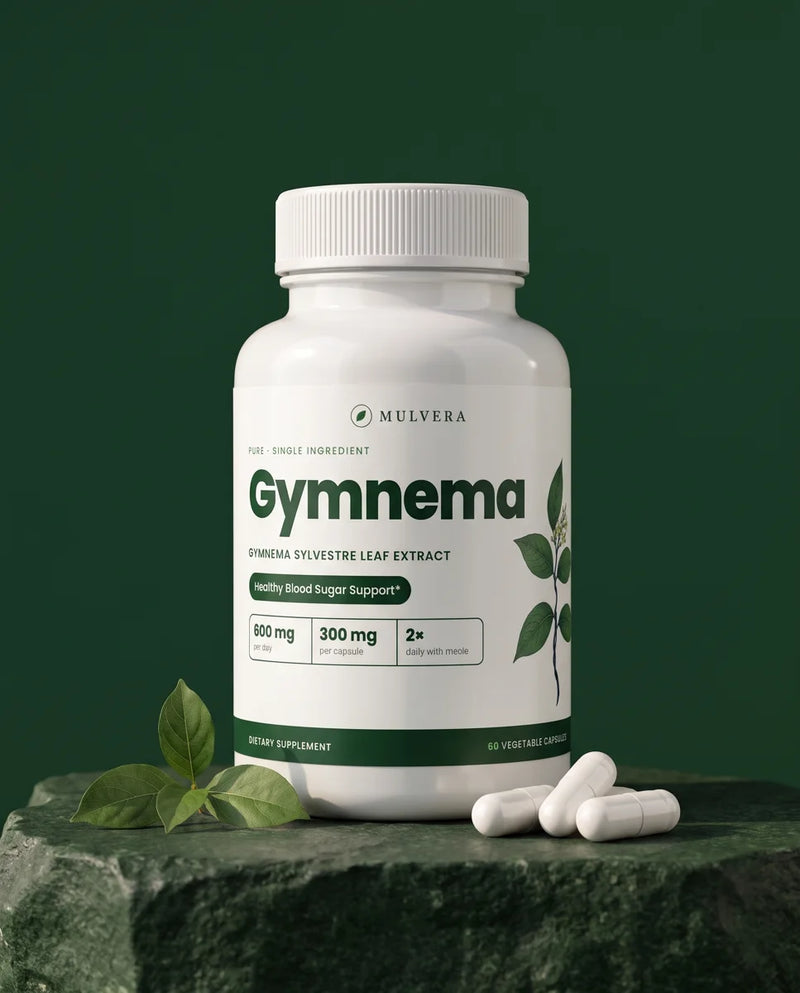 Mulvera Gymnema bottle on a green stone plinth