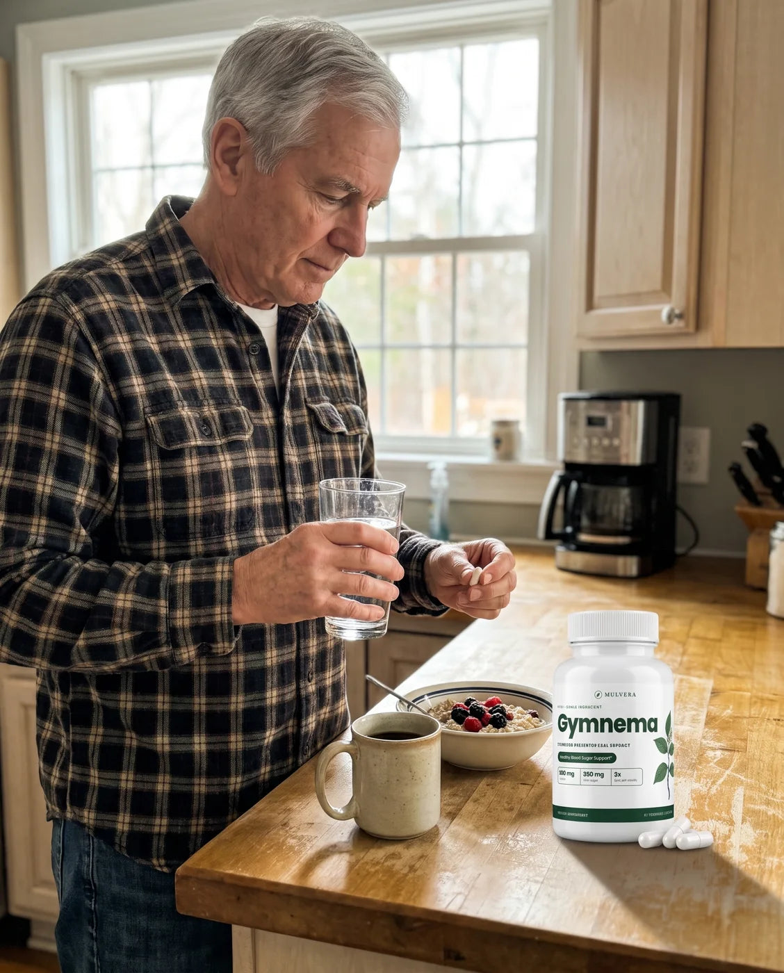 Man taking a capsule with water at his kitchen counter