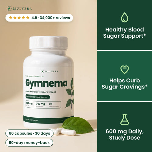 Mulvera Gymnema capsules, rated 4.9 by 34,000+ customers: healthy blood sugar support, helps curb sugar cravings, 600 mg daily
